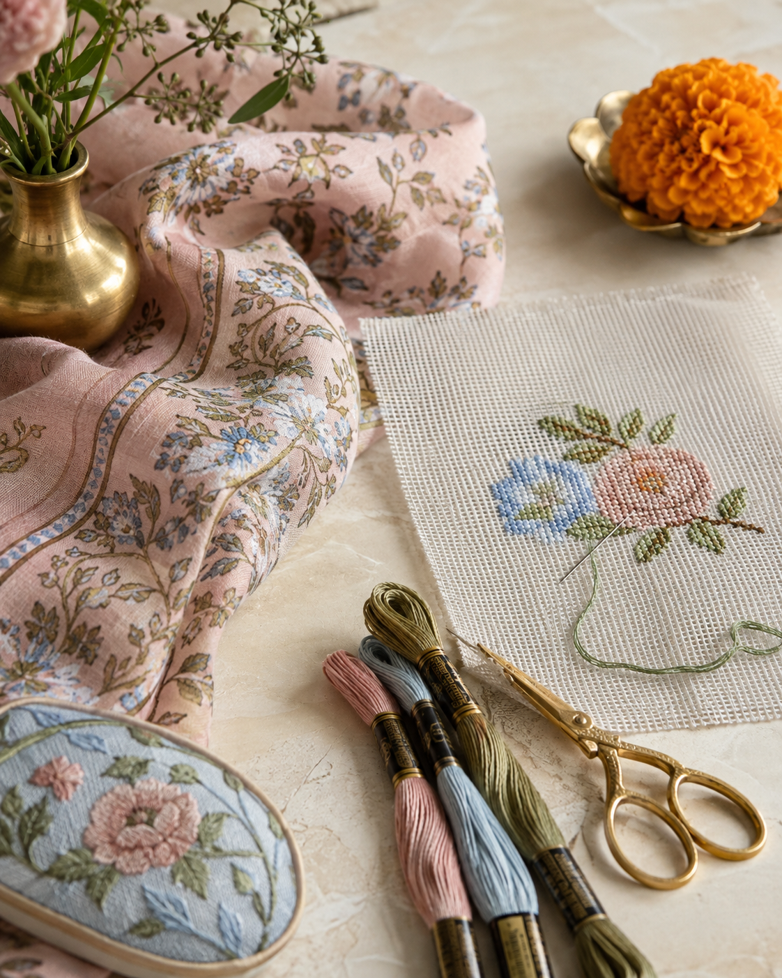 Needlepoint, block-print textile, thread, scissors, and marigold arranged in a warm still life